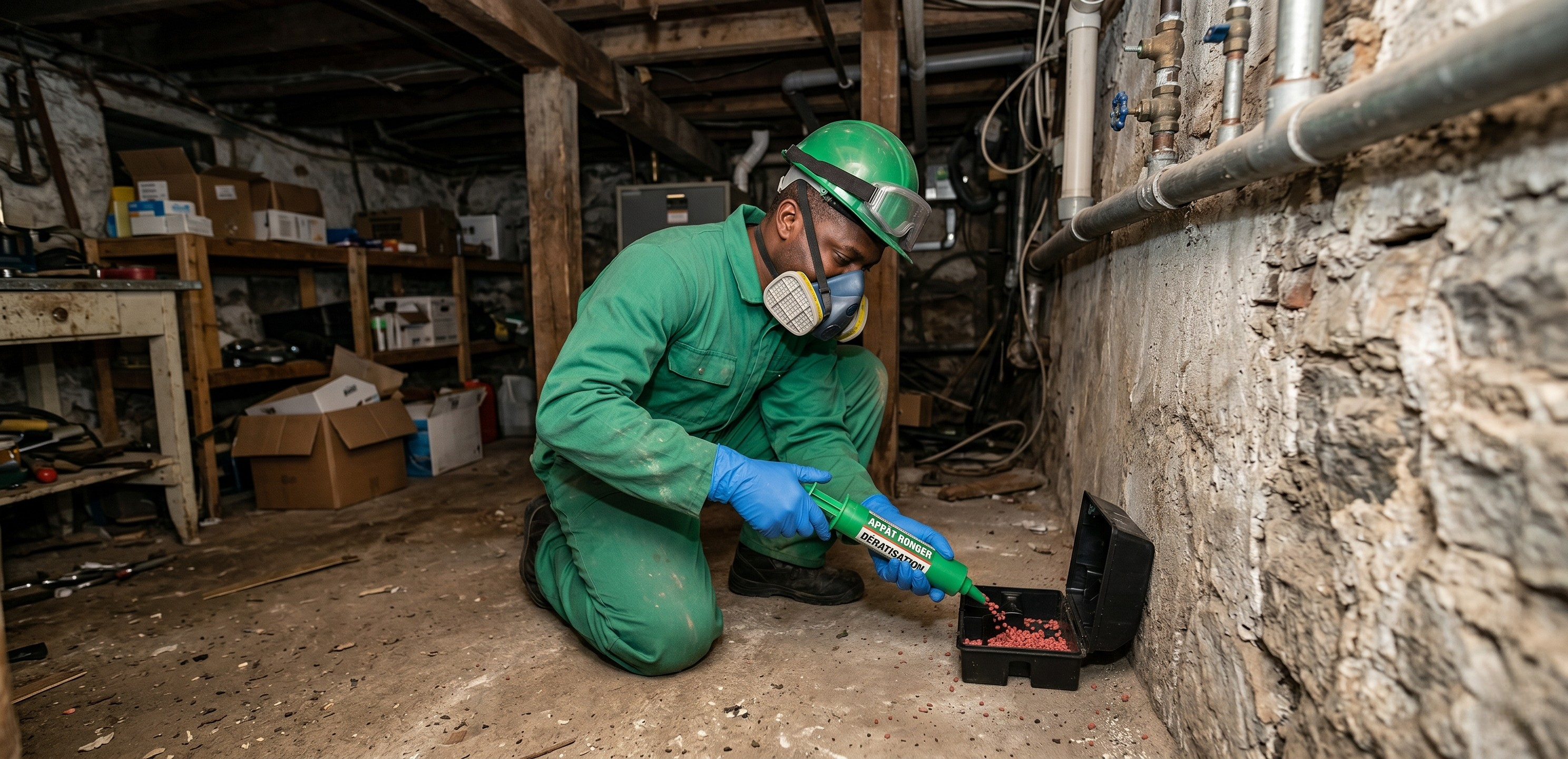 Technicien réalisant une dératisation avec un appât rodenticide