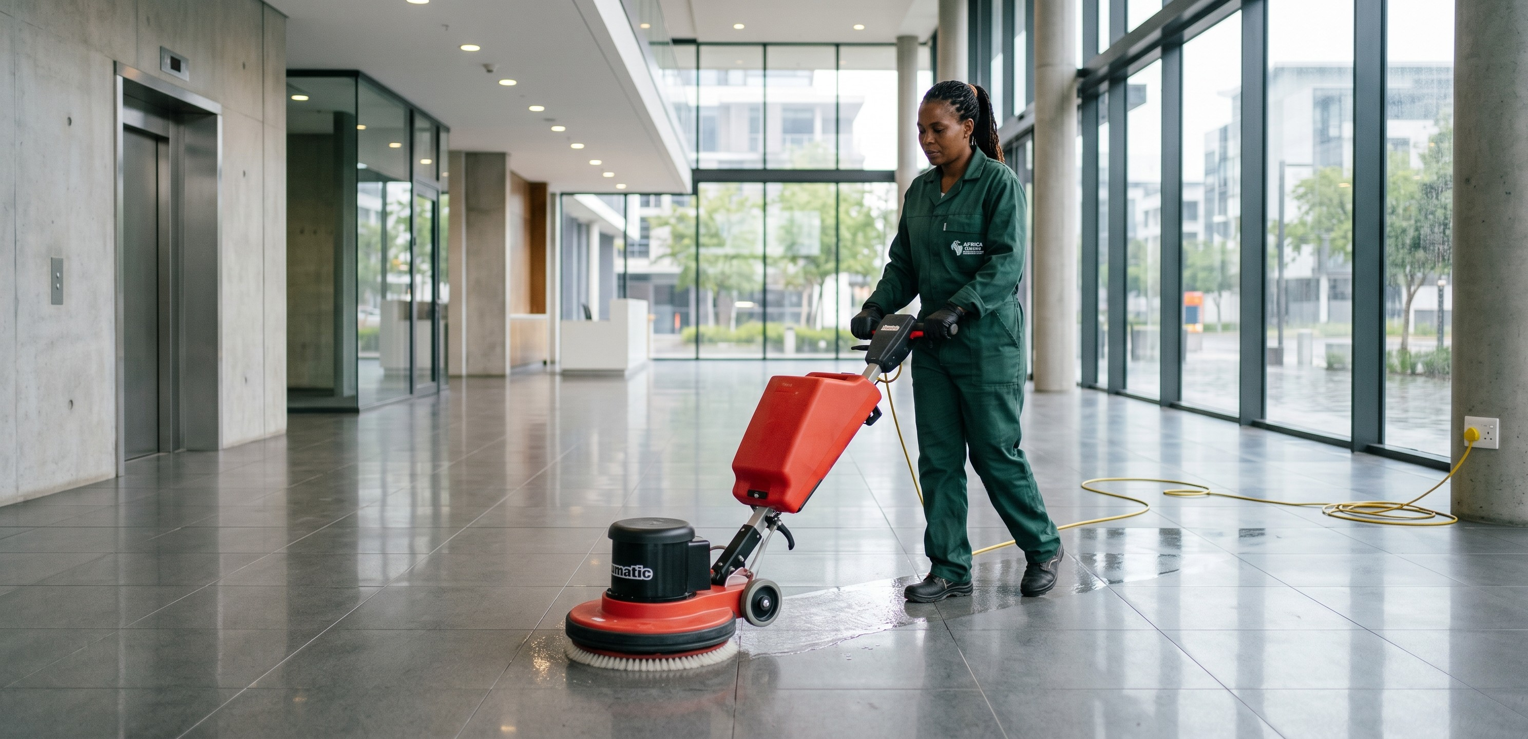 Agent d'entretien utilisant une monobrosse dans un hall